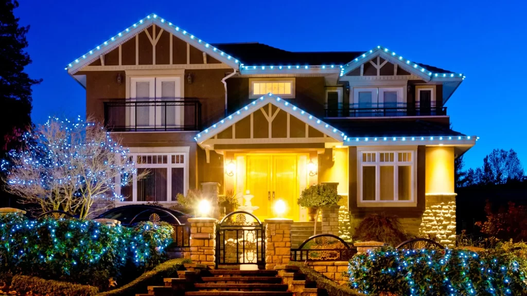 home decorated with holiday lights