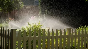 watering lawn fence