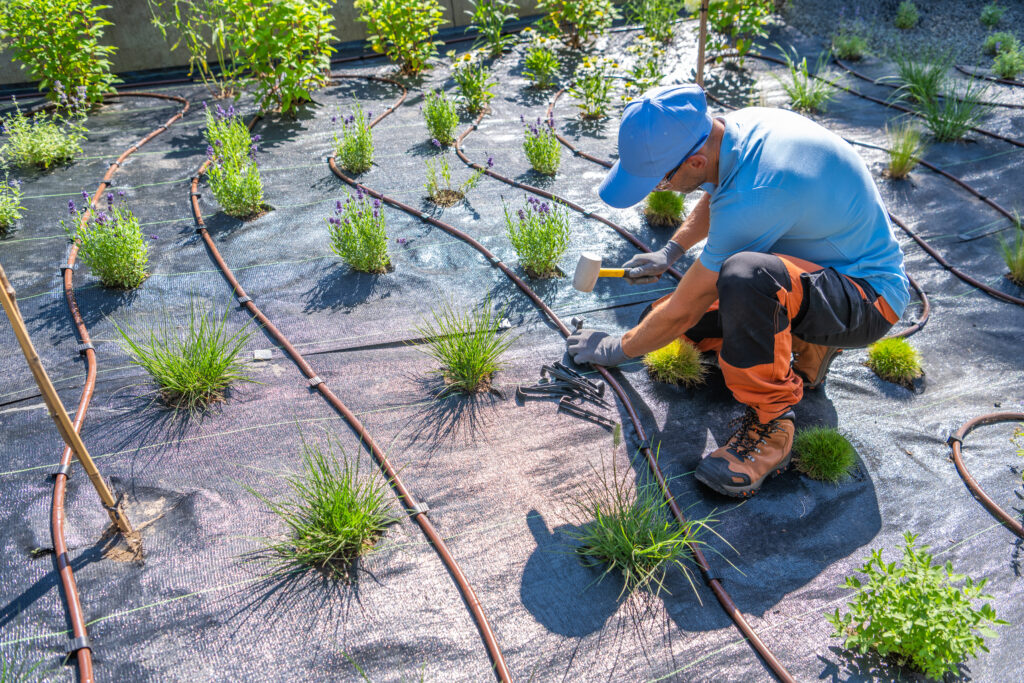 Landscaper installing a residential sprinkler system